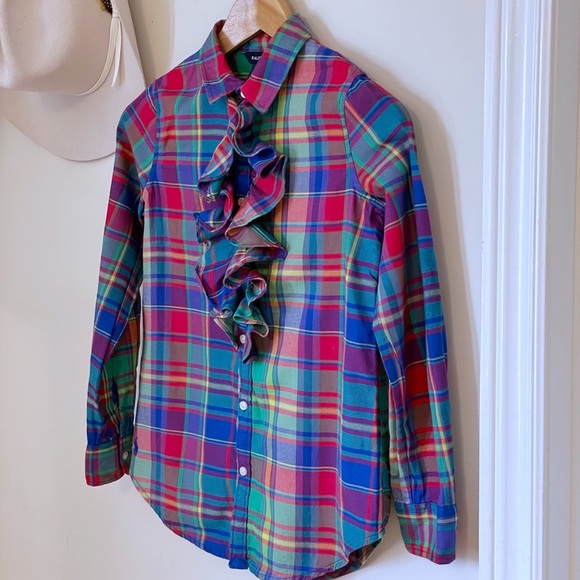 Ralph Lauren kids multicolour flannel long sleeve button shirt with ruffles - Picture 6 of 15
